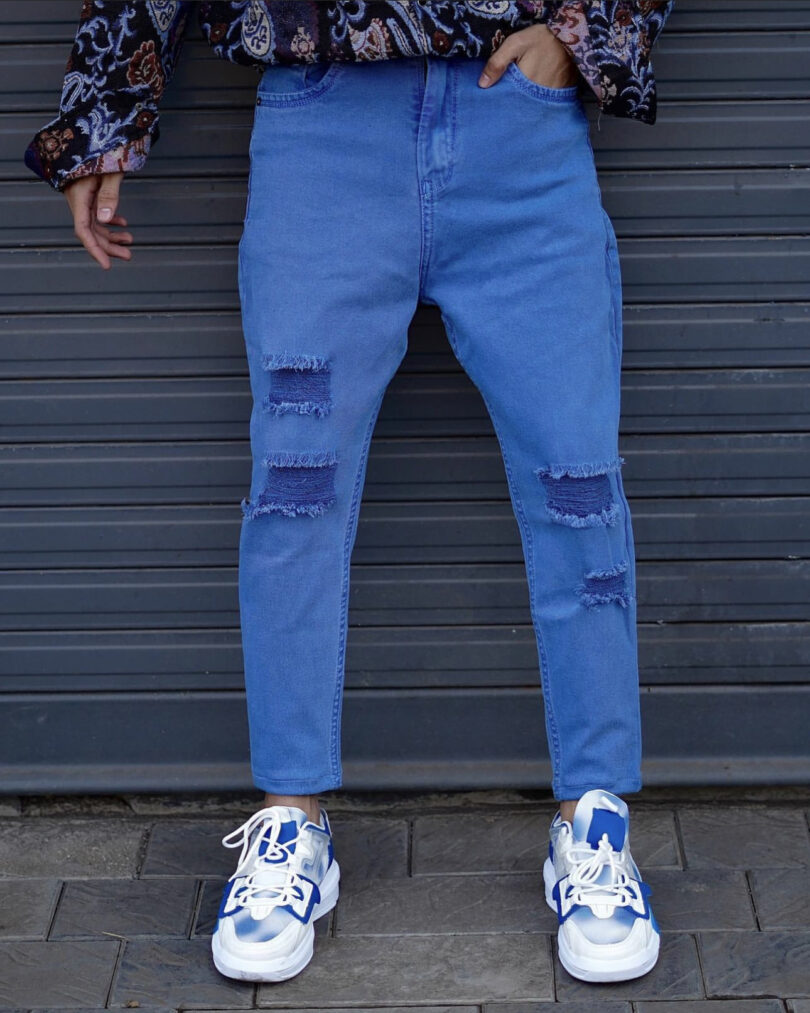 Men mid-blue distracted jeans