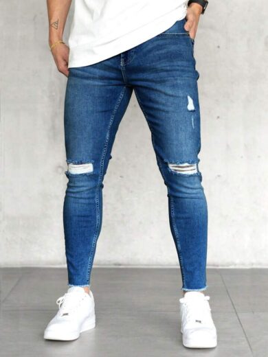 Mens knee ripped premium mid-blue jeans