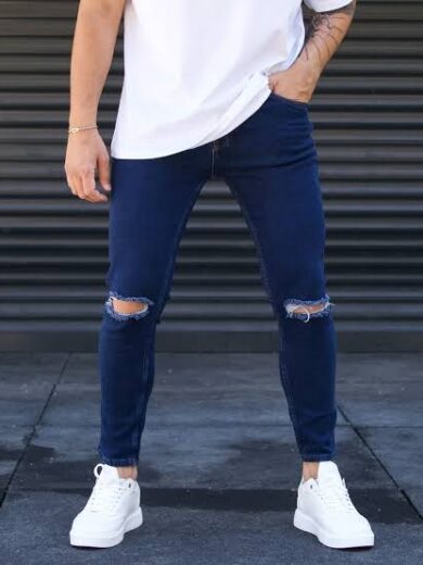 Mens dark blue knee ripped damage jeans