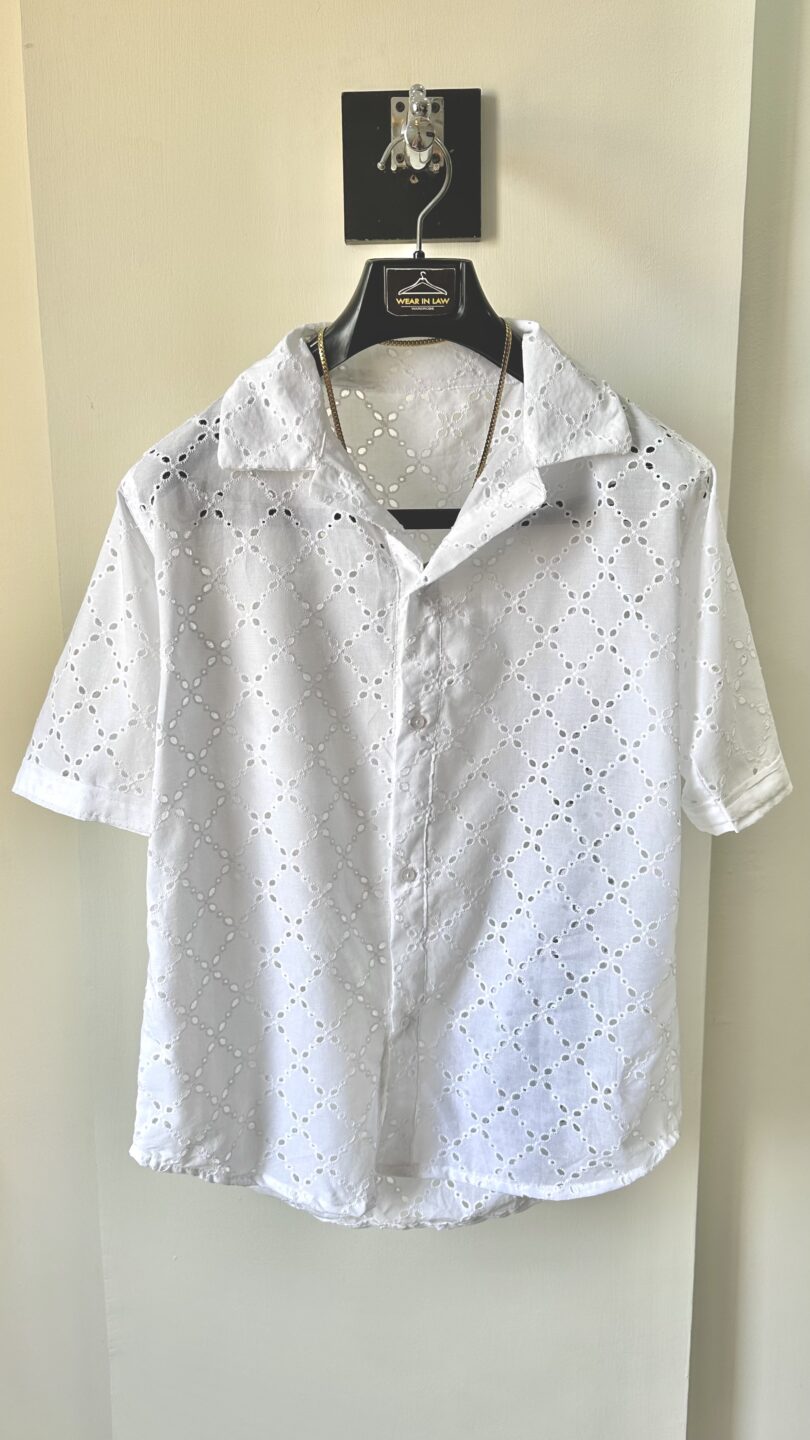 Pure White crochet transparent chickan kari shirt