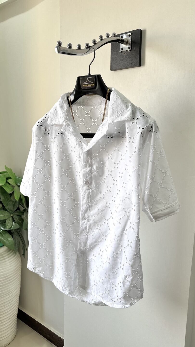 Pure White crochet transparent chickan kari shirt - Image 2