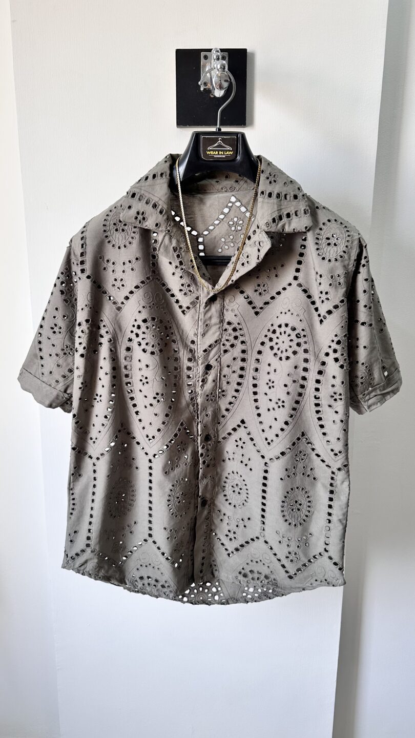 Crochet oversize chickan kari cuban collar shirt