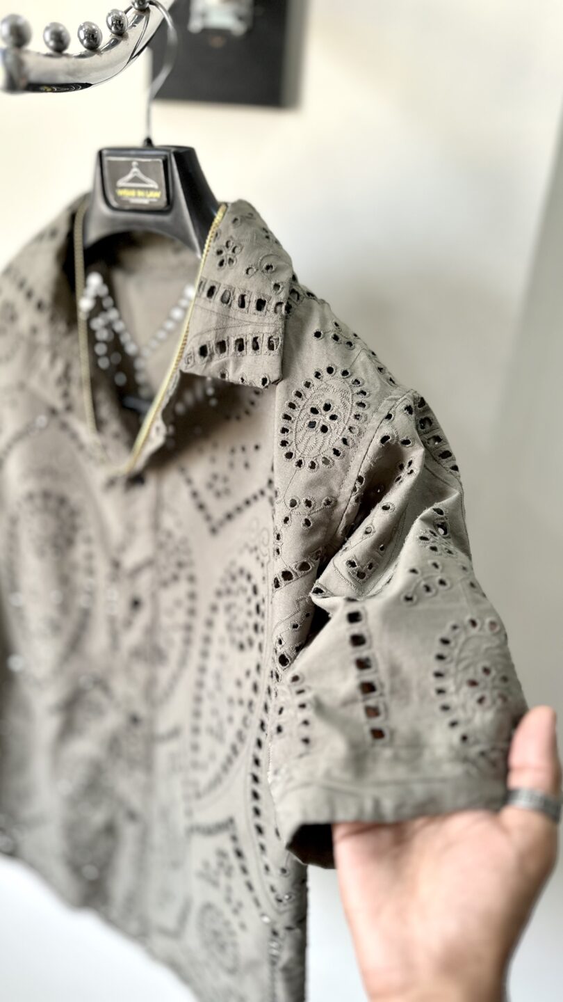 Crochet oversize chickan kari cuban collar shirt - Image 2