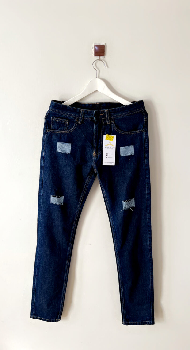Mens dark blue damage jeans