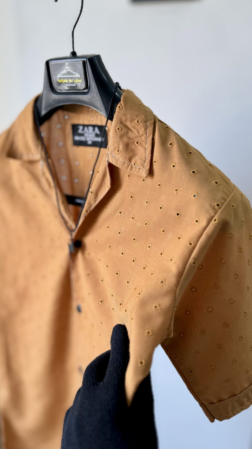 Crochet mustard brown dotted chickan kari shirt - Image 2