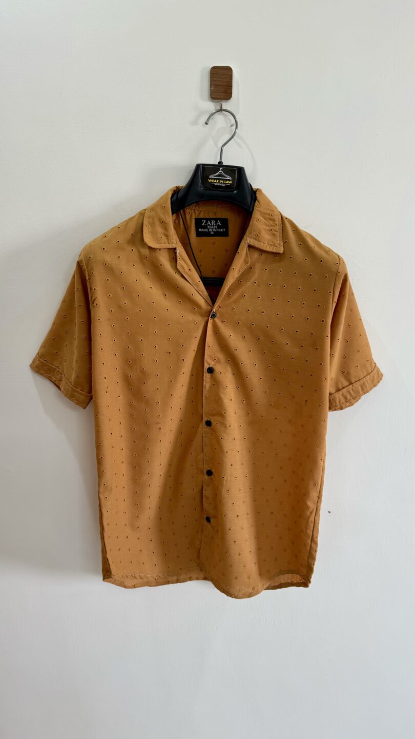 Crochet mustard brown dotted chickan kari shirt