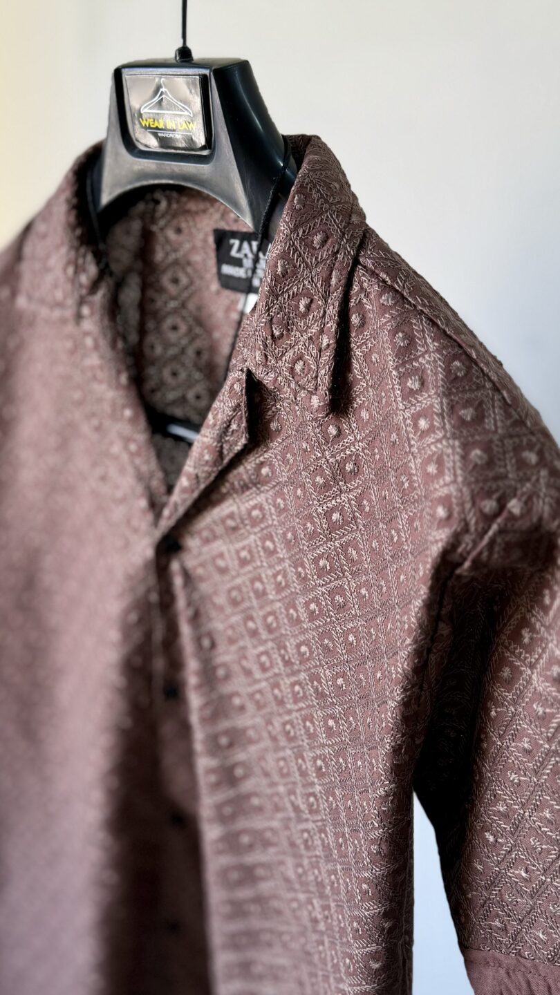 Embossed karhi choc-brown chickan kari shirt - Image 2