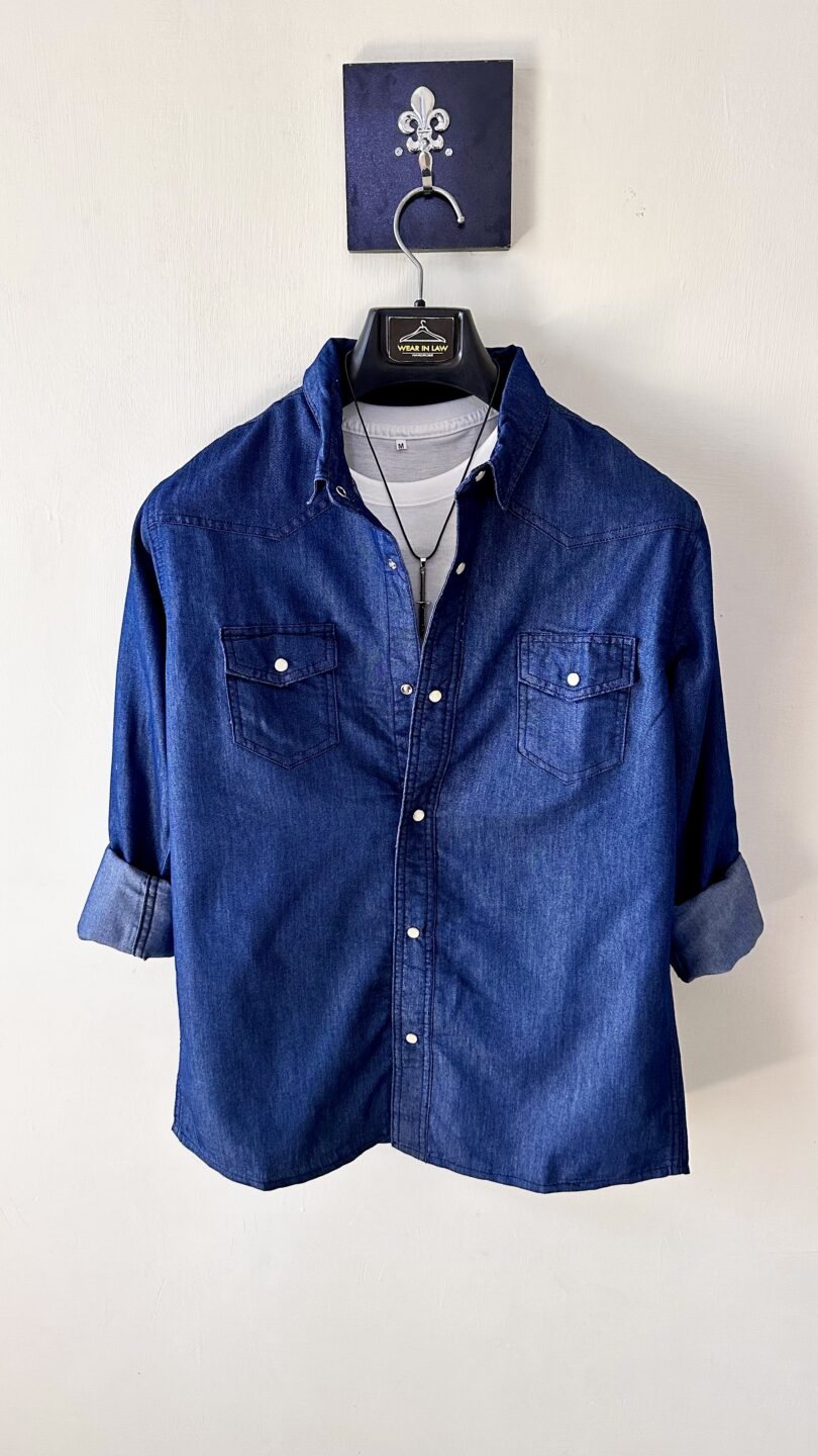 Dark blue front double pocket denim shirt - Image 2