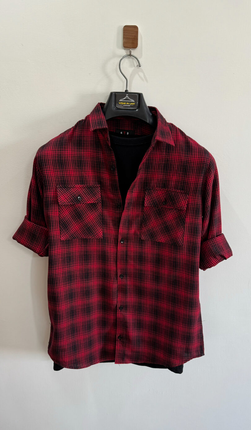Red n black double pocket check shirt